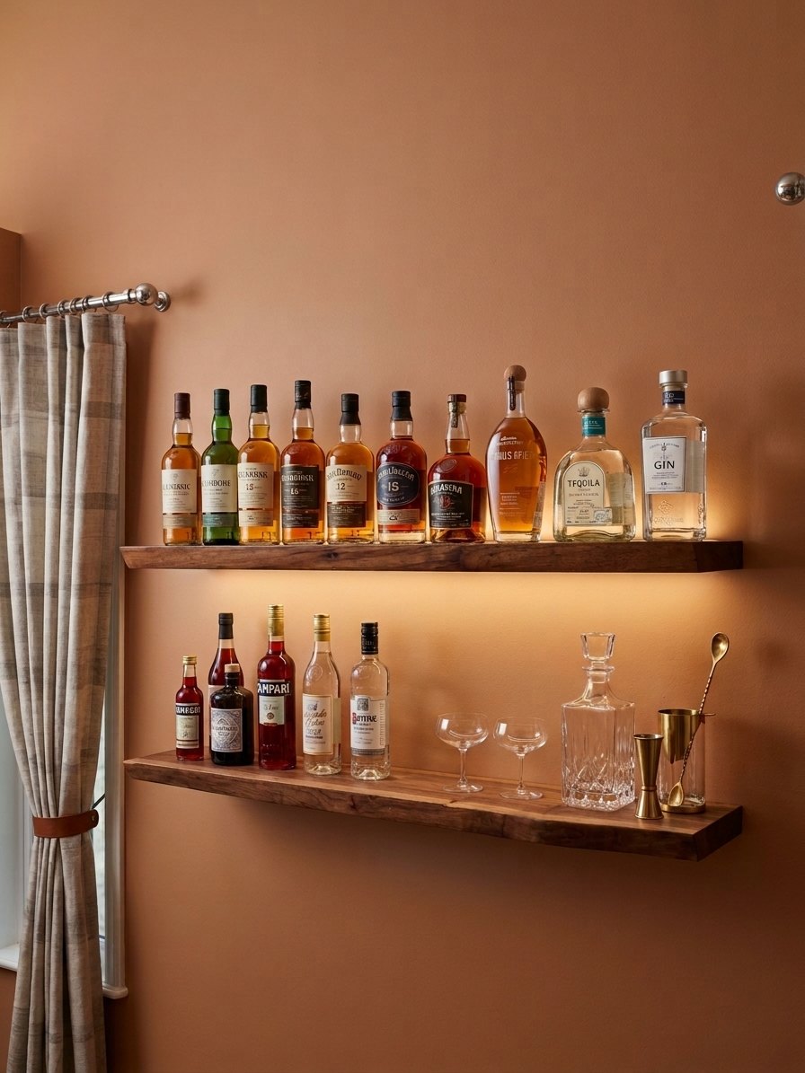 Two live-edge walnut floating shelves on a warm terracotta wall, lined with bottles and glassware