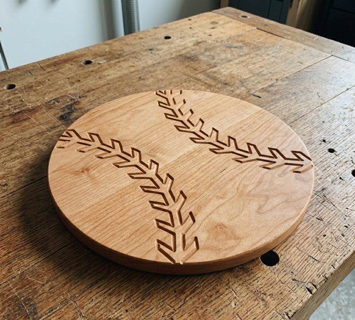 Round cherry board carved with baseball stitching across the face, on a workbench